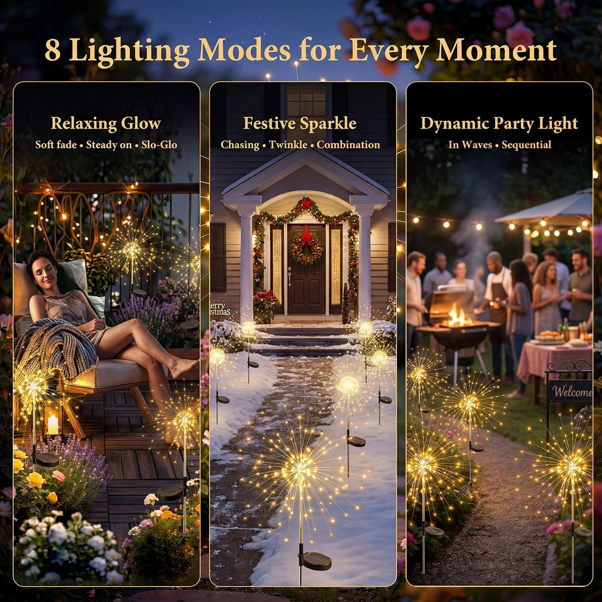 Fairdeer Solar Firework Lights 2-Pack — 120 LED Starburst, 8 Modes, IP65 Waterproof Garden Decor