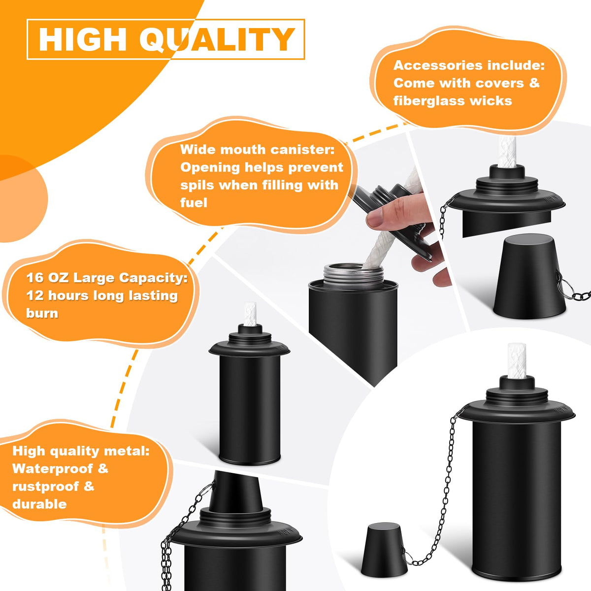 FAN-Torches 4 Pack: Refillable 16oz Torch Canisters with Wicks & Caps