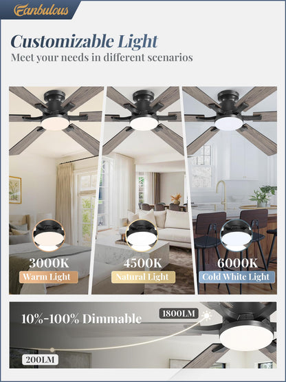 Fanbulous 60-Inch Ceiling Fan with Lights, App & Remote, Flush Mount – Dimmable LED 3000–6000K