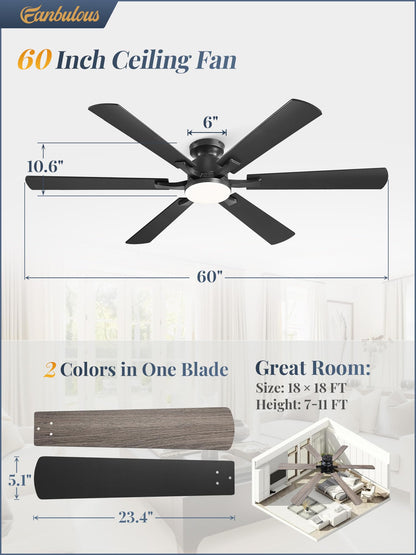 Fanbulous 60-Inch Ceiling Fan with Lights, App & Remote, Flush Mount – Dimmable LED 3000–6000K