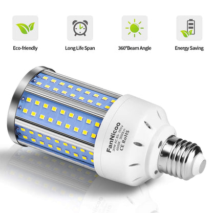 FanNicoo 2-Pack LED Corn Light Bulbs – 200W Equivalent, Up to 6000 Lumens, 6500K Daylight, E26/E27