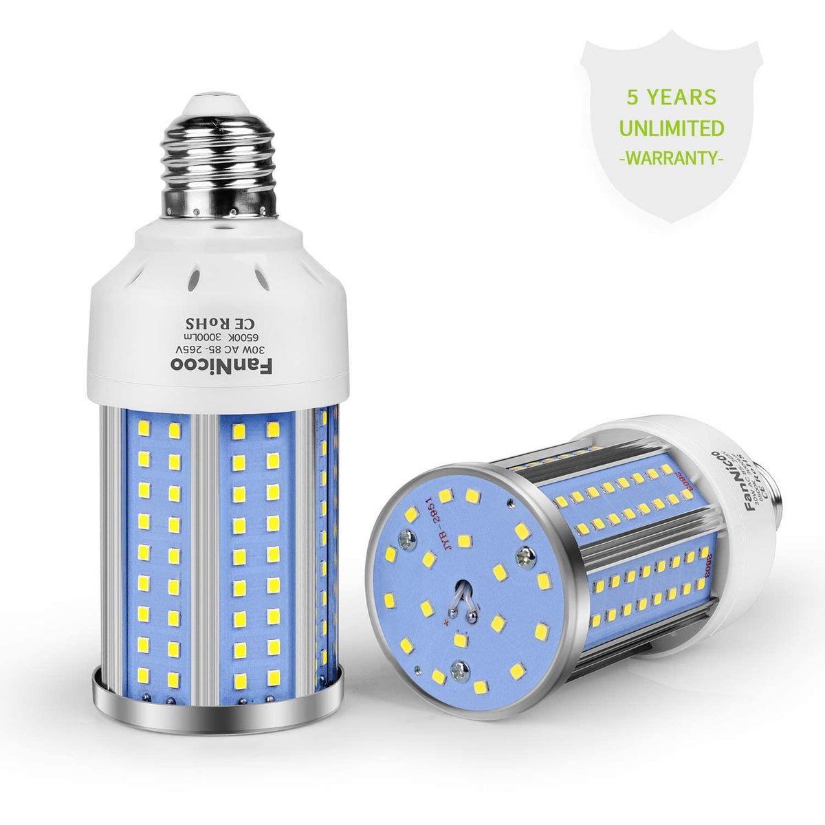 FanNicoo 2-Pack LED Corn Light Bulbs – 200W Equivalent, Up to 6000 Lumens, 6500K Daylight, E26/E27