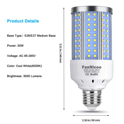 FanNicoo 2-Pack LED Corn Light Bulbs – 200W Equivalent, Up to 6000 Lumens, 6500K Daylight, E26/E27