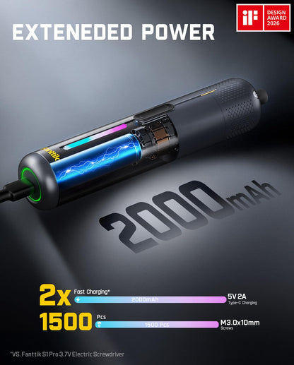 Fanttik S2 Pro Electric Screwdriver – 7 Torque Settings, 0.5–6 N m, 20 Bits, 90° Adapter
