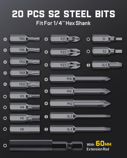 Fanttik S2 Pro Electric Screwdriver – 7 Torque Settings, 0.5–6 N m, 20 Bits, 90° Adapter