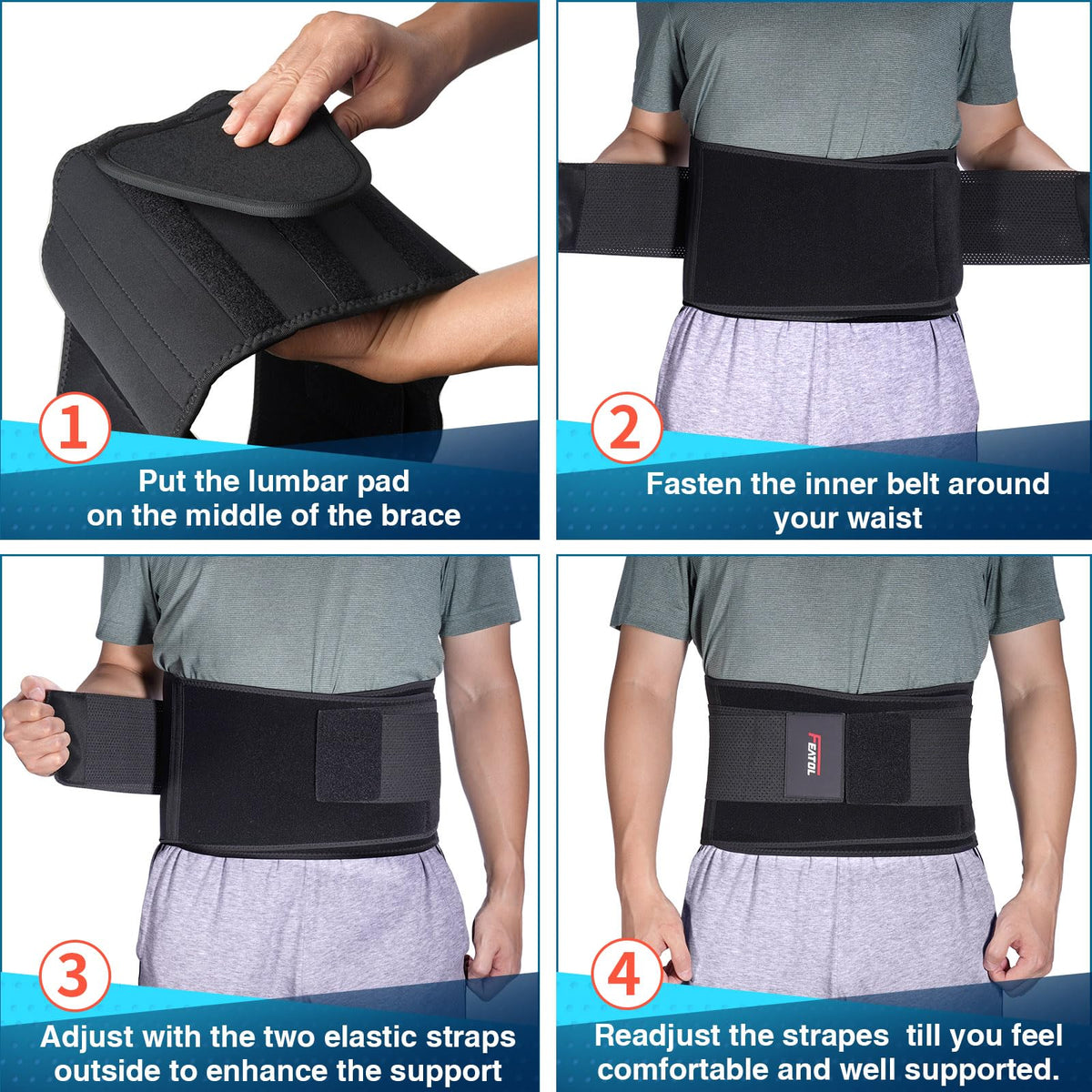 FEATOL Back Brace – Adjustable Lumbar Support Belt for Back Pain, Sciatica, Scoliosis