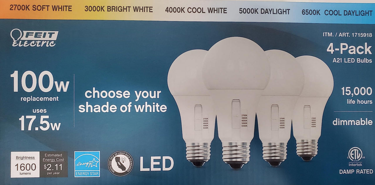 Feit Electric 17.5W Dimmable Selectable White A21 LED Bulb (4-Pack) – 5 CCTs