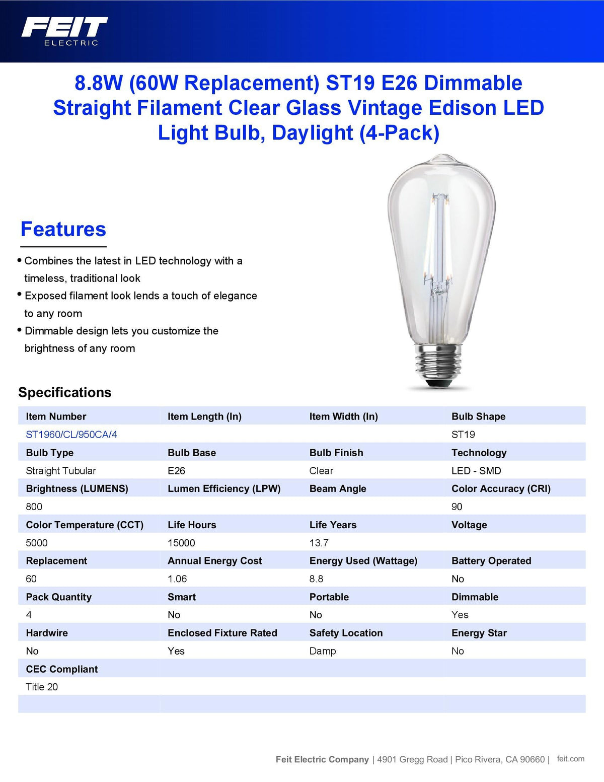 Feit Electric ST19 Vintage Edison LED Bulb – 60W Equivalent, Dimmable, 5000K Daylight, 800 Lumens | E26, 8-Pack