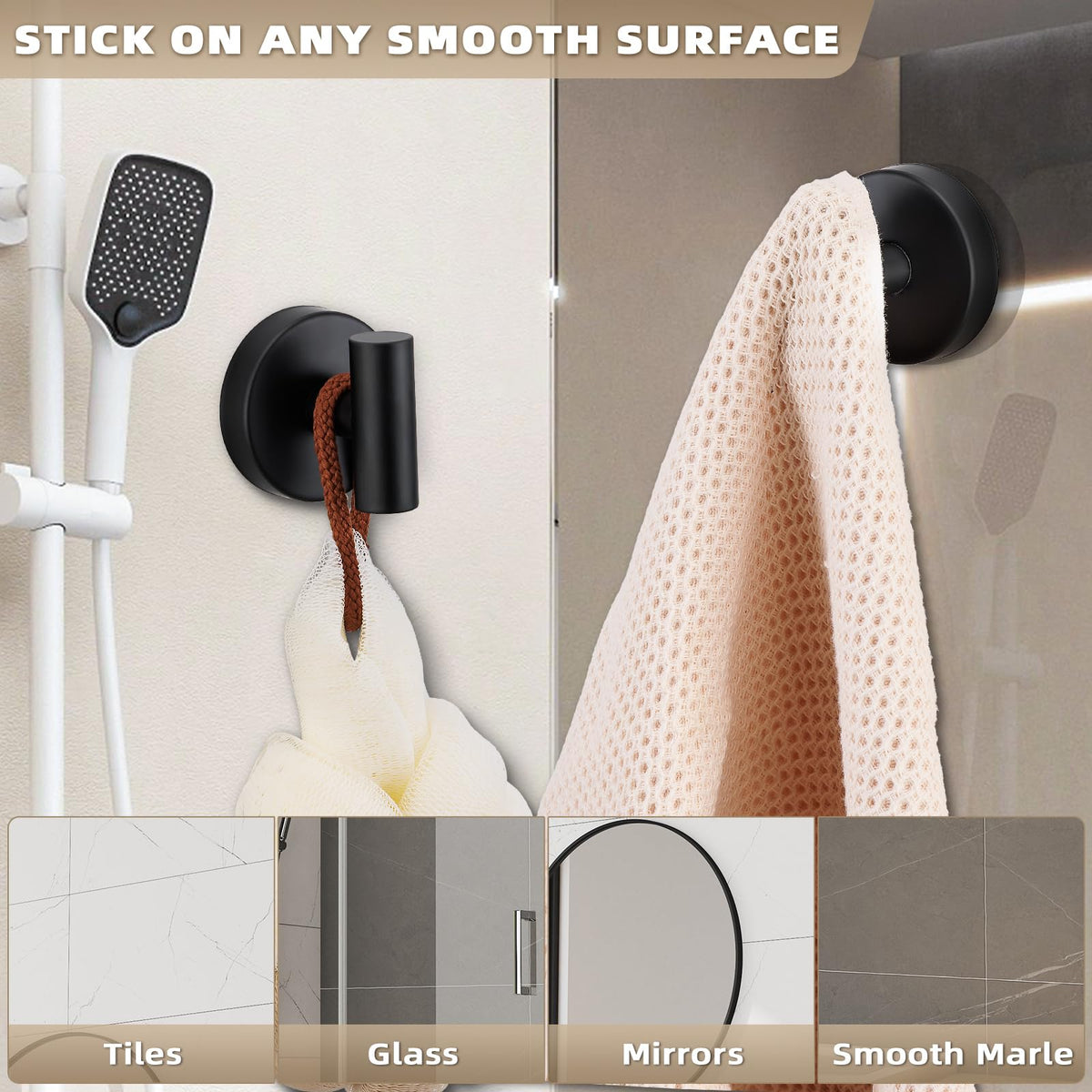 Fenas Suction Cup Hooks for Shower – No-Drill, 11 lb Capacity, Matte Black