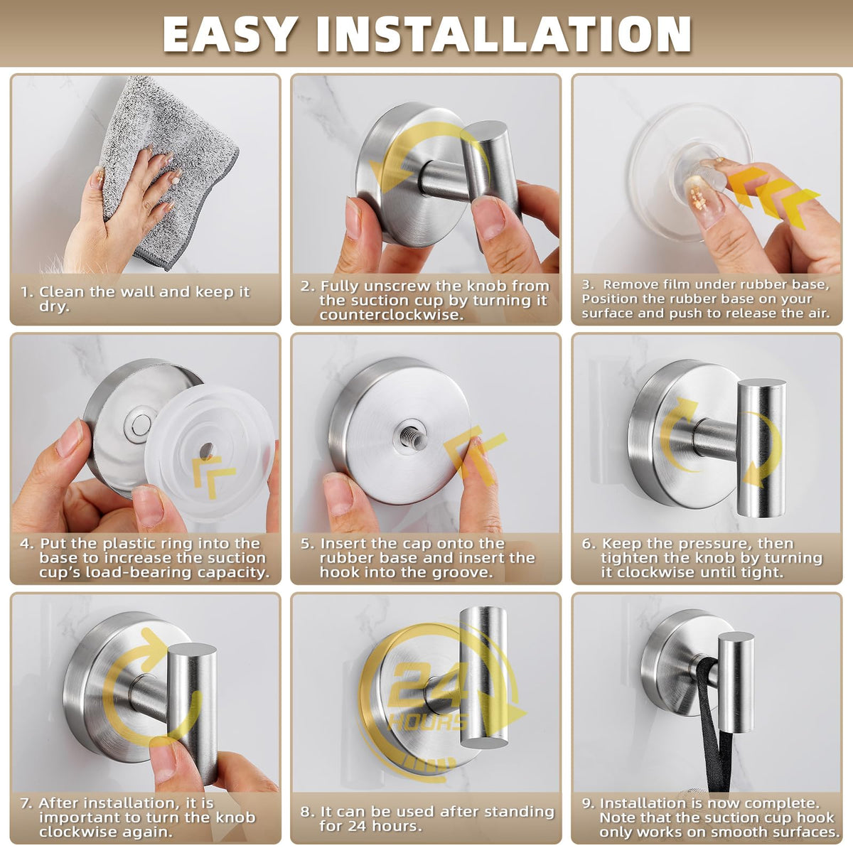 Fenas Suction Cup Hooks for Shower - No-Drill Mounting, 11lb Capacity, Brushed Nickel