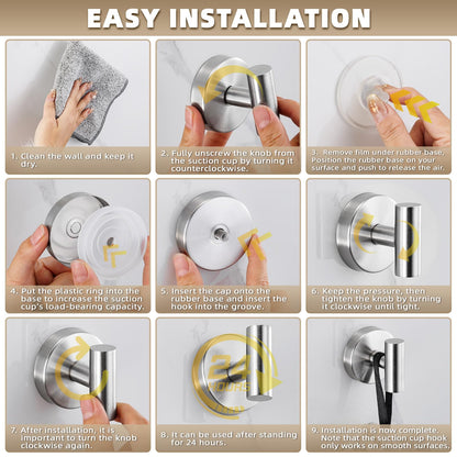 Fenas Suction Cup Hooks for Shower - No-Drill Mounting, 11lb Capacity, Brushed Nickel
