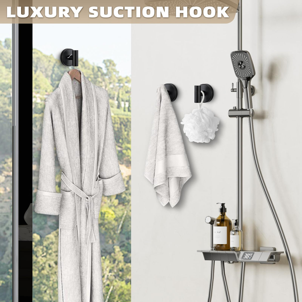 Fenas Suction Cup Hooks for Shower – No-Drill, 11 lb Capacity, Matte Black
