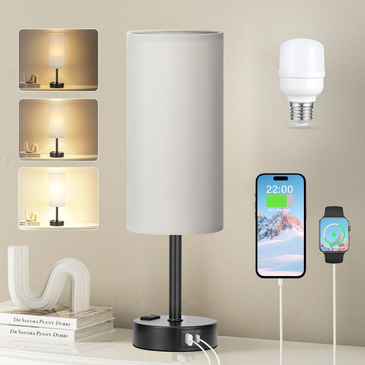 Fenmzee Grey Touch Bedside Lamp – 3-Way Dimmable, USB-C & AC Outlet