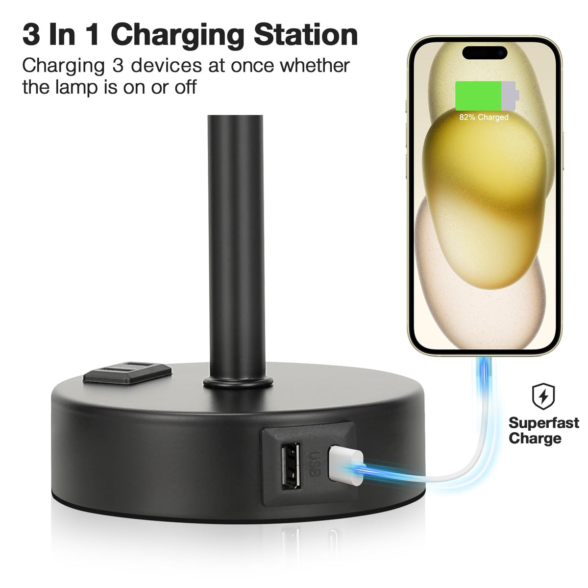 Fenmzee Grey Touch Bedside Lamp – 3-Way Dimmable, USB-C & AC Outlet