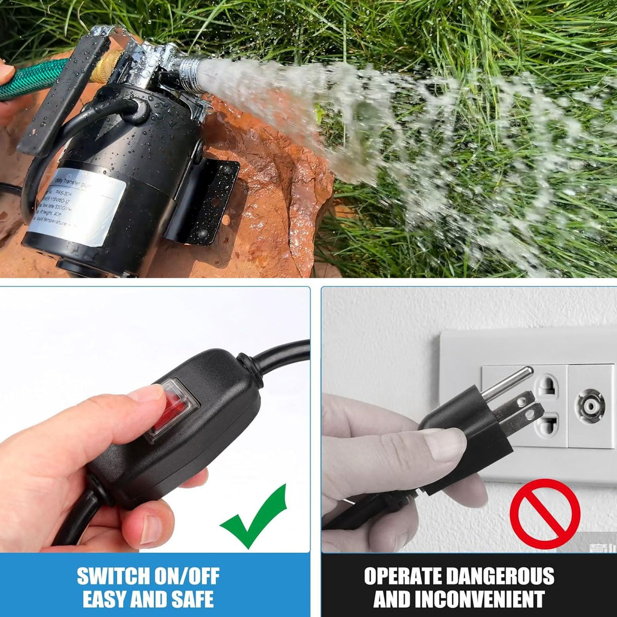 FIDISP Water Transfer Pump 115V 1/10HP with 2x6ft Hoses – On/Off Switch – Rain Barrel Draining