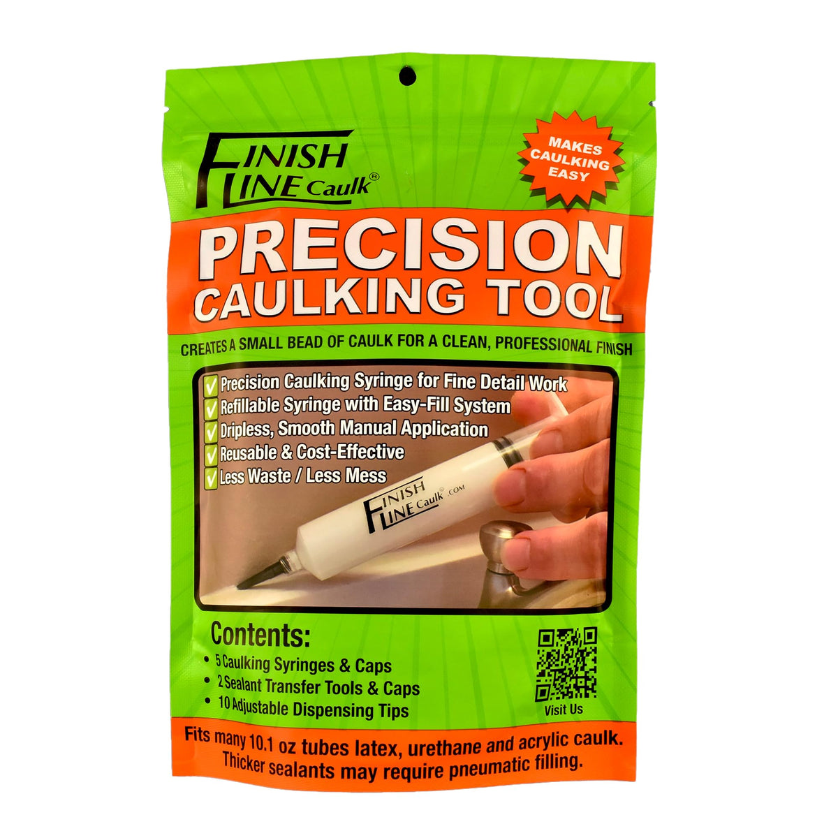 Finish Line Caulk Precision Caulking Tool Pro Pack – Refillable Syringe with Micro-Fine Tips for Baseboards, Trim & Small Seams