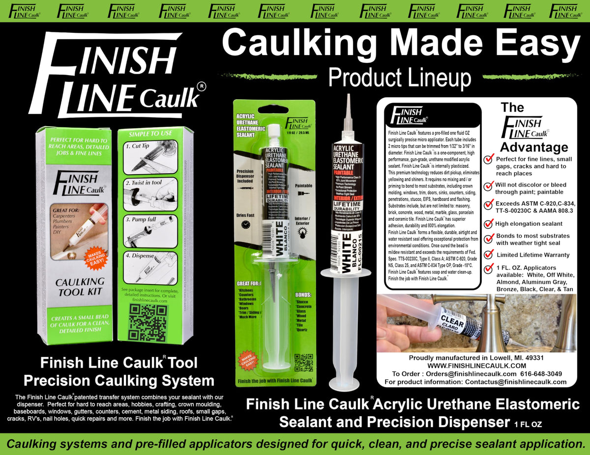 Finish Line Caulk Precision Caulking Tool Pro Pack – Refillable Syringe with Micro-Fine Tips for Baseboards, Trim & Small Seams