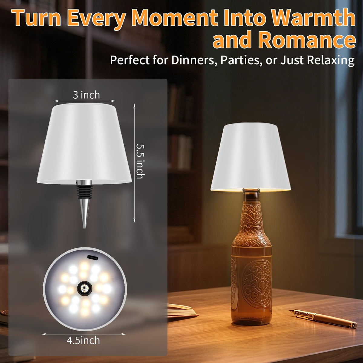 Fintoriel Rechargeable Wireless Bottle Lamp – 3-Color Stepless Dimmable
