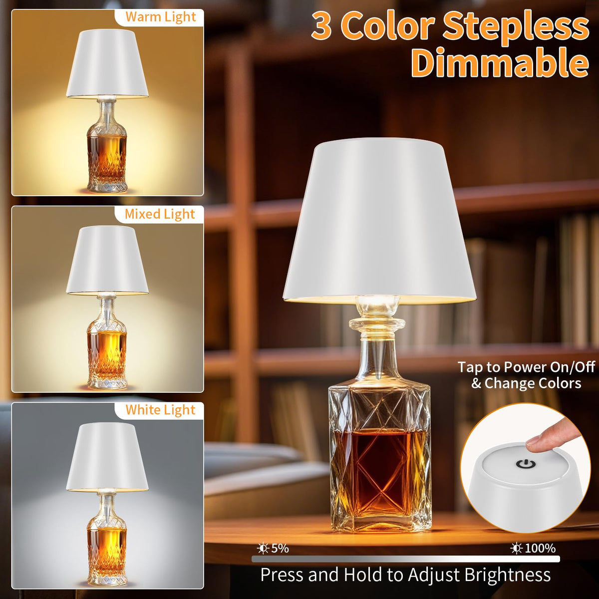 Fintoriel Rechargeable Wireless Bottle Lamp – 3-Color Stepless Dimmable
