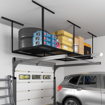 FLEXIMOUNTS 4x8 Overhead Garage Storage Rack – Heavy-Duty Ceiling Organizer, 750 lbs Capacity, Black