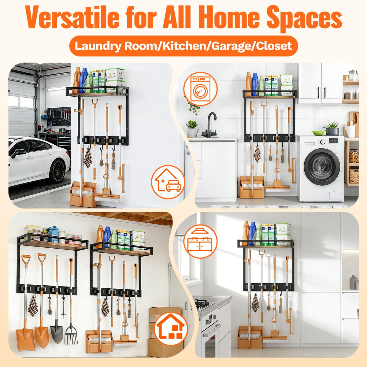 FLOUREE Wall Broom Holder with Shelf – 66LBS Load, 4 Grippers, 3 Hooks, 1 Pack