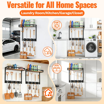 FLOUREE Wall Broom Holder with Shelf – 66LBS Load, 4 Grippers, 3 Hooks, 1 Pack