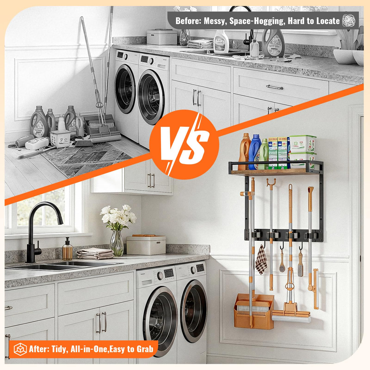 FLOUREE Wall Broom Holder with Shelf – 66LBS Load, 4 Grippers, 3 Hooks, 1 Pack