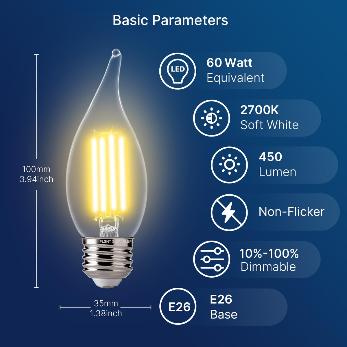FLSNT 60W Equivalent LED Chandelier Bulbs, Dimmable CA11 E26, 2700K Soft White, 12-Pack | UL Listed