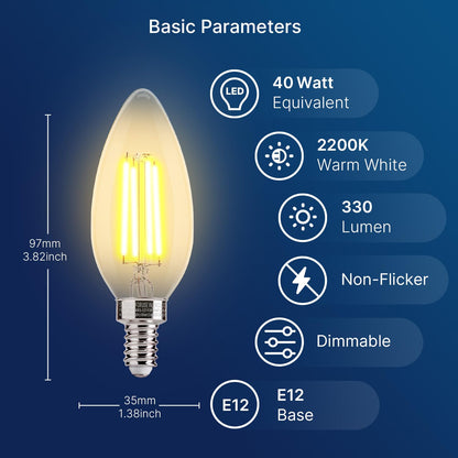 FLSNT LED Candelabra Bulbs 40W Equivalent, 12-Pack, 2200K Amber Glass, Dimmable, E12 – UL/CA65 Listed