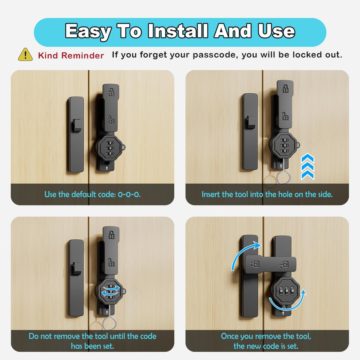 Flwrse Barn Door Lock with 3-Digit Password – Keyless 90°/180° Flip Latch (Black)