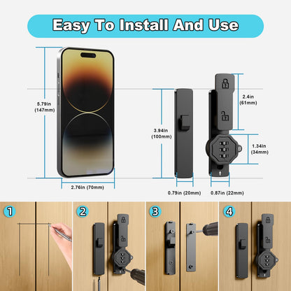 Flwrse Barn Door Lock with 3-Digit Password – Keyless 90°/180° Flip Latch (Black)