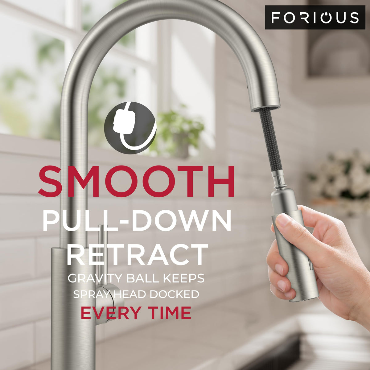 FORIOUS Kitchen Faucet with Soap Dispenser | Brushed Nickel, Pull-Down Sprayer
