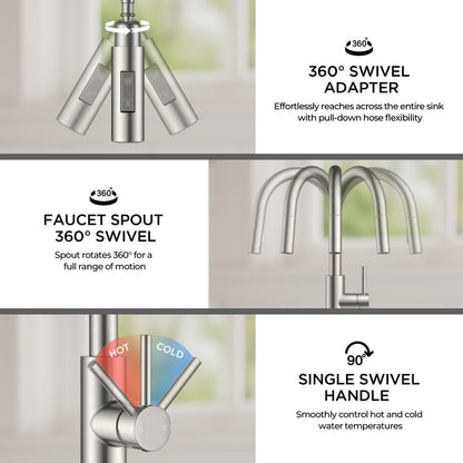 FORIOUS Kitchen Faucet with Soap Dispenser | Brushed Nickel, Pull-Down Sprayer