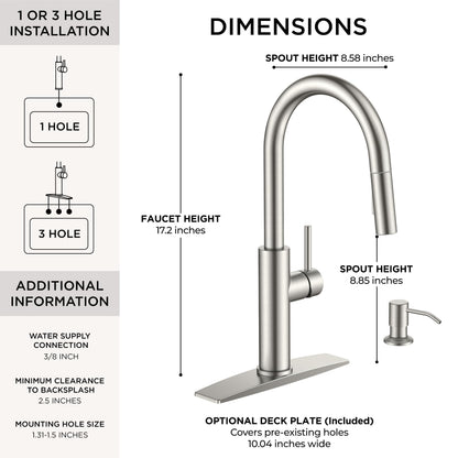 FORIOUS Kitchen Faucet with Soap Dispenser | Brushed Nickel, Pull-Down Sprayer