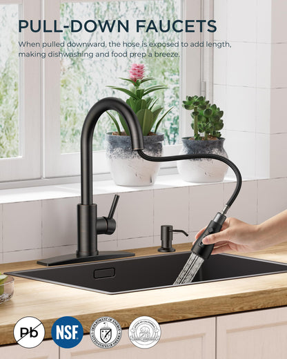 FORIOUS Kitchen Faucet with Soap Dispenser & Pull-Down Sprayer — Bar High Arc, Stainless Steel, 3 Modes