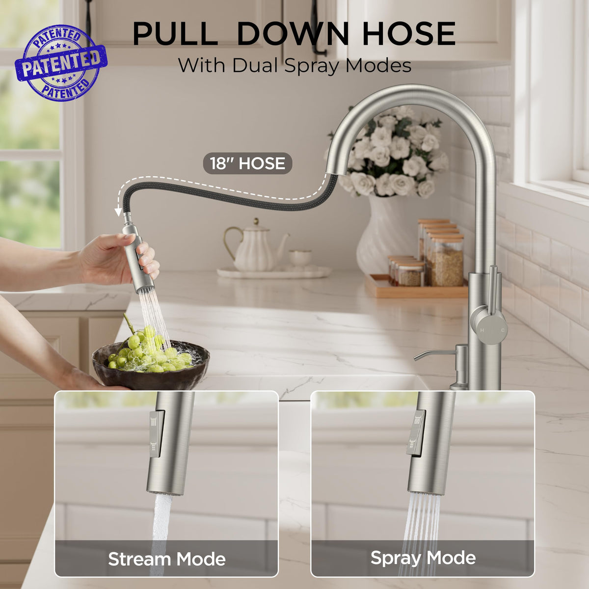 FORIOUS Kitchen Faucet with Soap Dispenser | Brushed Nickel, Pull-Down Sprayer