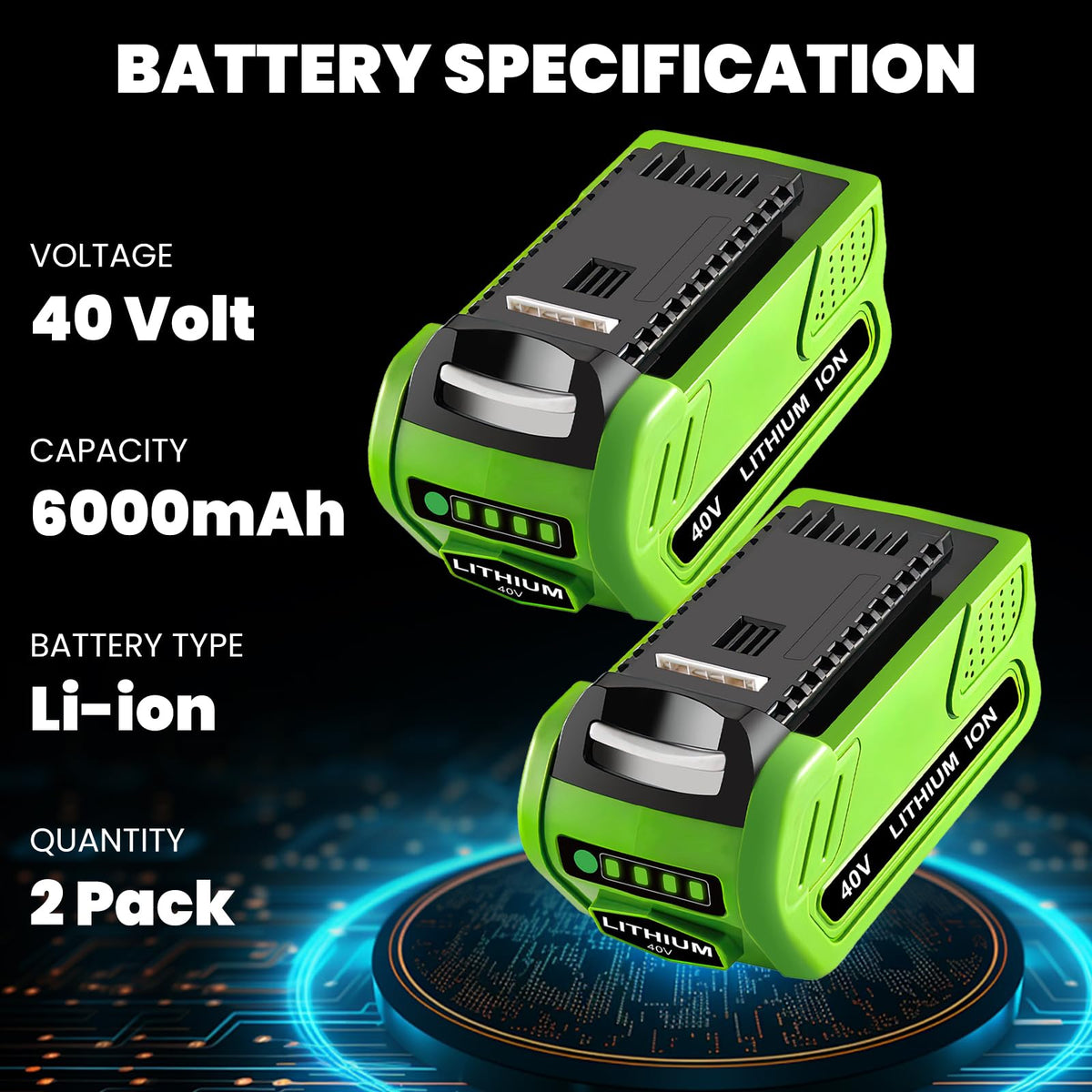 Forrat 2-Pack 6000mAh Replacement Battery for Greenworks 40V GMAX | 6.0Ah, Compatible with 29462/29472/29252/20202/22262/25322