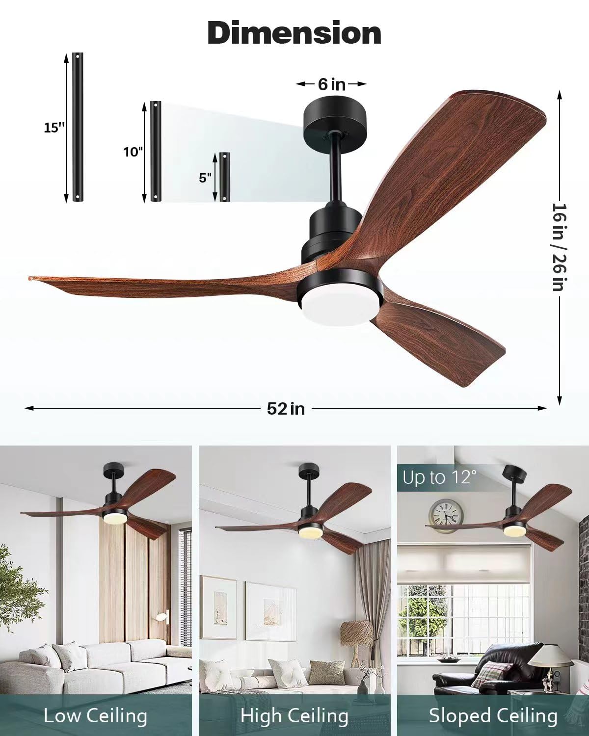Forrovenco 52-Inch Ceiling Fan with Light & Remote – Walnut Wood Blades