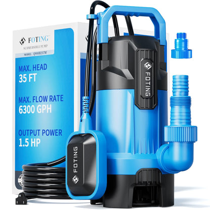FOTING 1.5HP Sump Pump – 6300GPH High-Flow Submersible with Float Switch