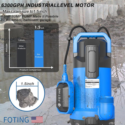FOTING 1.5HP Sump Pump – 6300GPH High-Flow Submersible with Float Switch