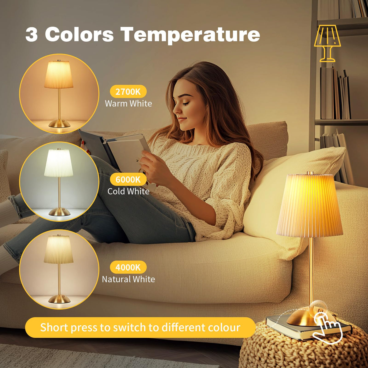 Fsaox Cordless Table Lamp — 3000mAh Rechargeable, 3-Color Dimmable, Beige Fabric Shade
