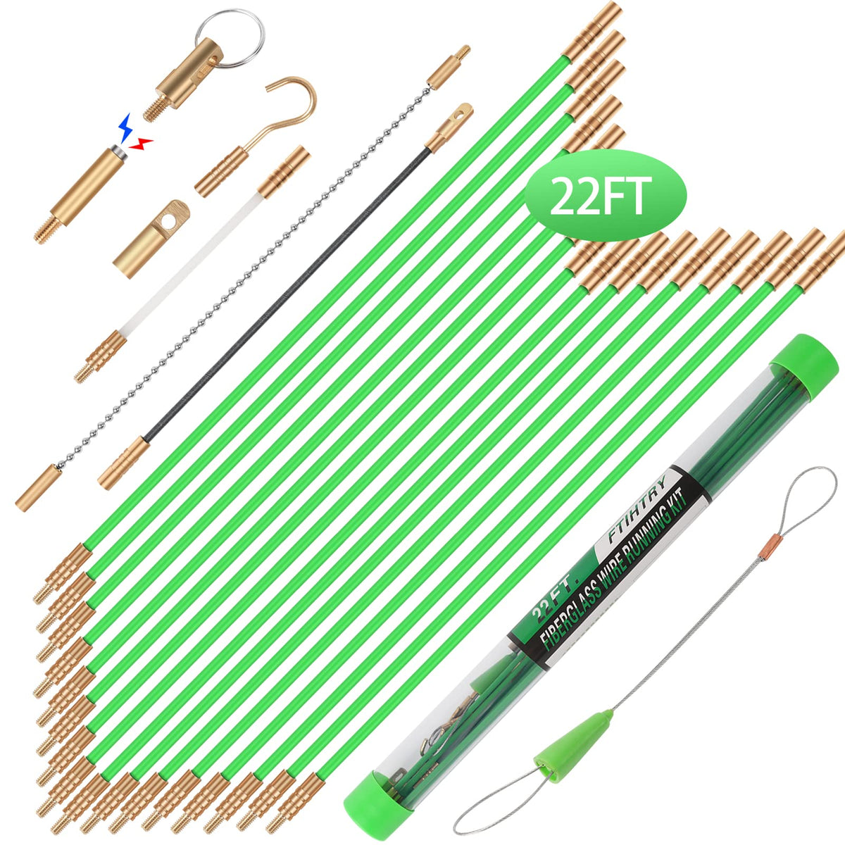 FTIHTRY 22ft Fiberglass Wire Pulling Kit with 8 Attachments