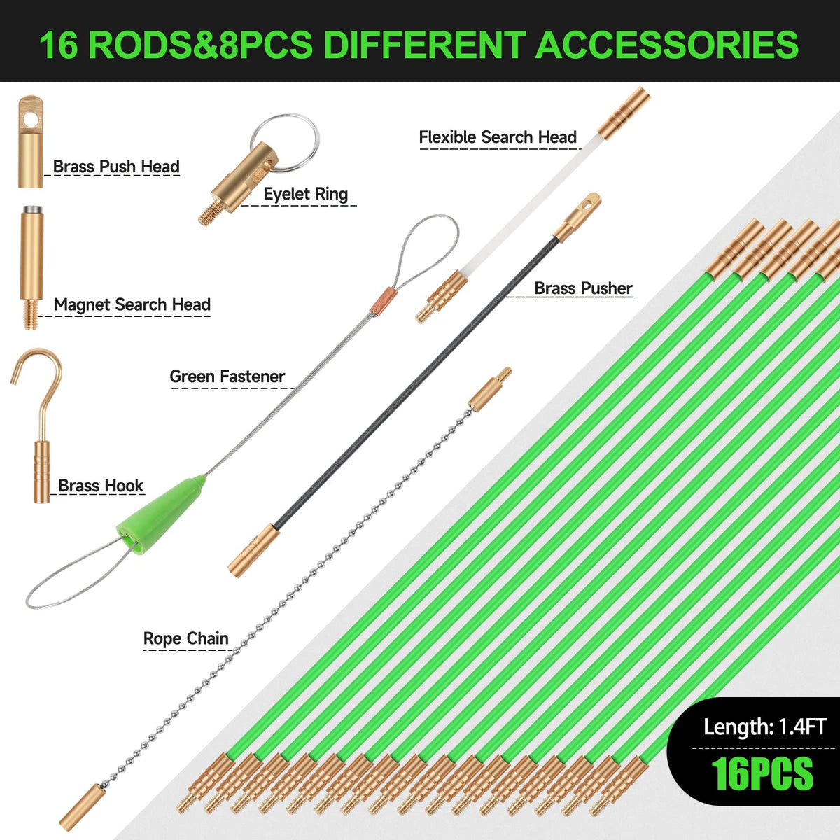 FTIHTRY 22ft Fiberglass Wire Pulling Kit with 8 Attachments