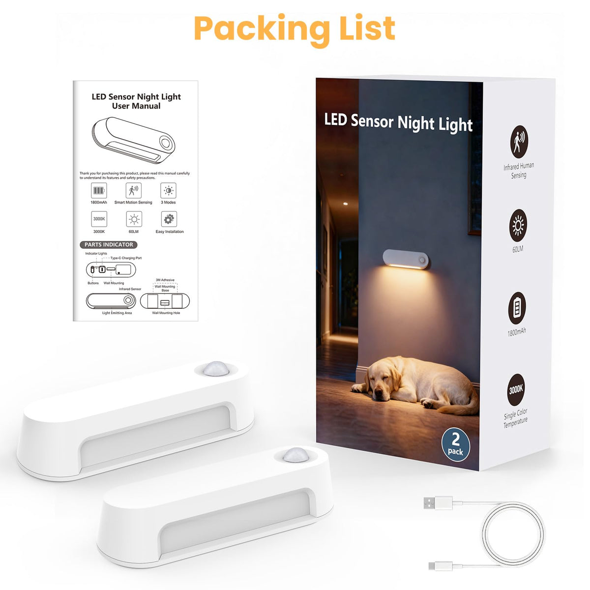 Fuligent Motion Sensor Night Light – 1800mAh Battery, 60-Day Auto Mode, 2-Pack