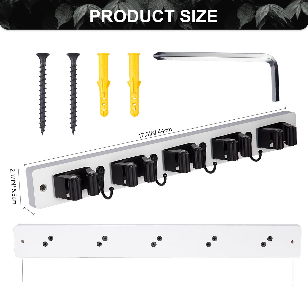 FunCee Broom Holder Wall Mount – 5 Slots, 4 Hooks, Rustic Wood Finish