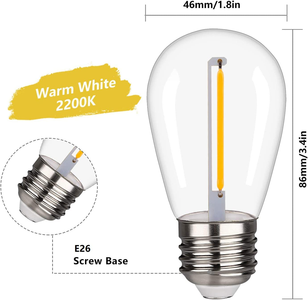 FUTIME 48-Pack S14 LED Bulbs – 1W, Shatterproof & Waterproof, E26 Base, Warm White 2200K