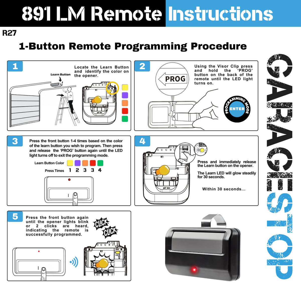 Garage Stop 891LM Universal Remote – Chamberlain/LiftMaster/Craftsman (1993–Present), 5 Learn Button, 2-Pack