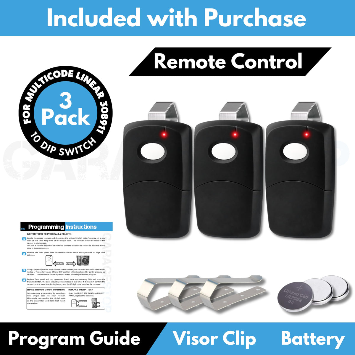 Garage Stop 3X for Multicode 308911 Remote – 300MHz, 10-Dip Gate Opener (Black)