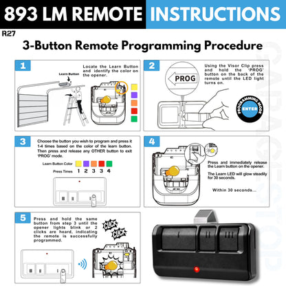 2x 893LM 893Max Universal Garage Door Remote Replacement – GARAGE STOP, 3-Button, Extra Long-Range, Black