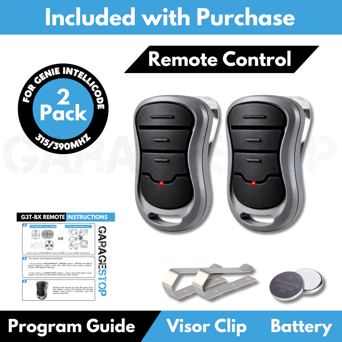 Garage Stop 2X Genie Intellicode Remote Replacement — G3T-BX / G3T-R 3-Button, Auto-Seek, 120 ft